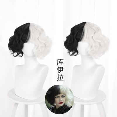 China Short Body Wave 33cm Body Wave With Bangs Half White Half Black Women Cruella De Vil Cosplay Wigs For for sale