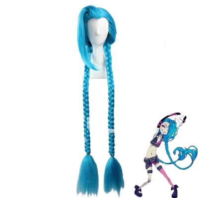 China Mcoser Lol Jinx Cosplay Blue Braid Wig 100cm Long With Double Braids Hair Anime Halloween Cosplay Costume Heat Resistant Wig for sale