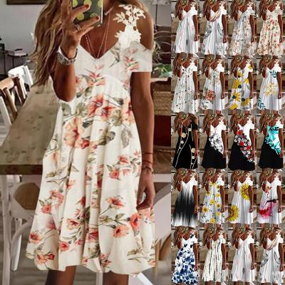 China New Women Summer Beach Floral Casual Office Short Sleeve Breathable Printed Long Dress for sale