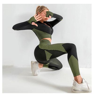 China 2021 QUICK DRY Women's Yoga Two Piece Set Seamless Knitted And High Elastic Zipper Yoga Leggings JZ888 for sale