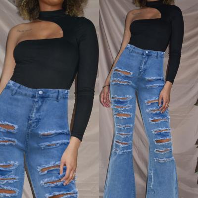 China TOB Hot Sale Ladies Jeans Breathable Hole In The High Waist Street Bell Bottoms Denim Pantalones Sexy Wide Leg Jeans BK723 for sale