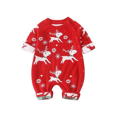 China Ultra Western Elk Xmas open elk autumn and winter baby sweater crawling suit side button haka anti-shrink red baby knit onesie for sale