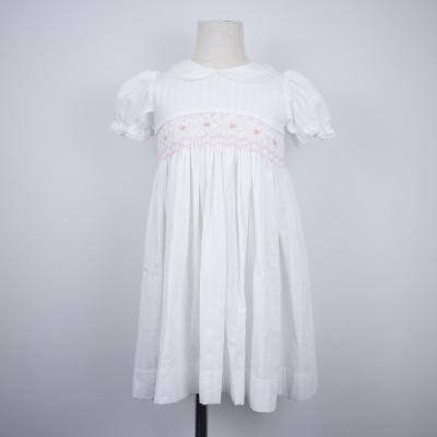 China Washable Shirt Kids 2022 Falls Lovely White Stripe And Pink Rose Embroidered Smocked Dress Christmas Girls Smocked Dress for sale