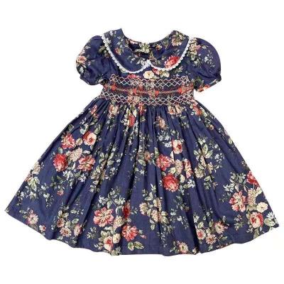 China parride smocked stretch shirt kids outfits peony floral print kids blue smock dress for sale