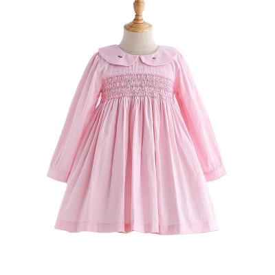 China children's Anti-wrinkle smocked clothing girls smock dress wholesale 2021 autumn contracted princess handmade embroidered pink dress for sale