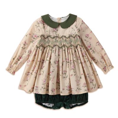 China Anti-wrinkle kids smock dress baby shirt top girls dress wholesale flower princess vintage print lapel long sleeves costume for sale