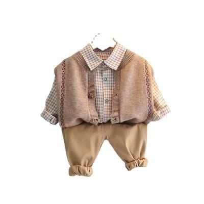 China 2021 wholesale new lapel boys' three-piece set casual solid color shirt plaid vest children's British style sleeveless three-piece set for sale