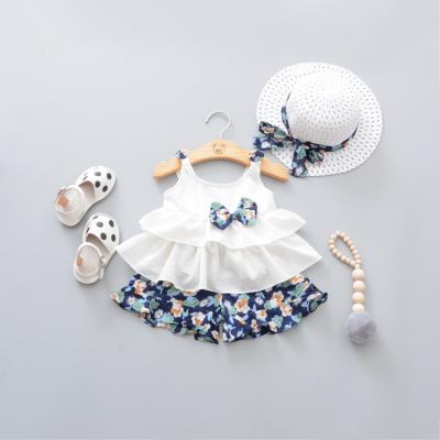 China Anti-wrinkle baby girl costume with sleeveless white chiffon shirt fancy bows tiny floral shirt shorts 2021 Hand-embroidered for sale