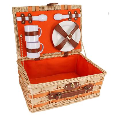 China Viable Orange Coating Woven Wicker Wood Chip Picnic Basket for Two for sale