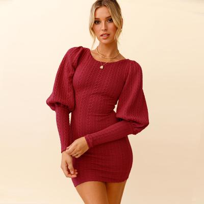 China Women's Bodycon Dress Puff Sleeve Sheath Dress Casual Cable Knitted Club Mini Women Breathable Bodycon Dress for sale