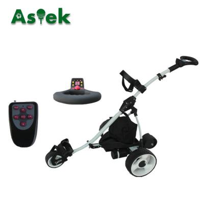 China 4 Wheel Golf Cart Astek 12V DC Remote Control Electric Golf Trolley With LED Digital Display Handle for sale