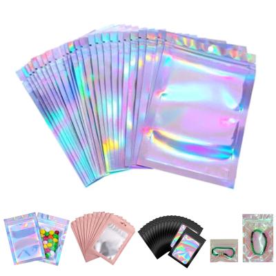 China One Side Clear Zipper Flat Ziplock Recyclable Mylar Heat Seal Holographic Plastic Bag For Edible Party Food Candy Storage for sale