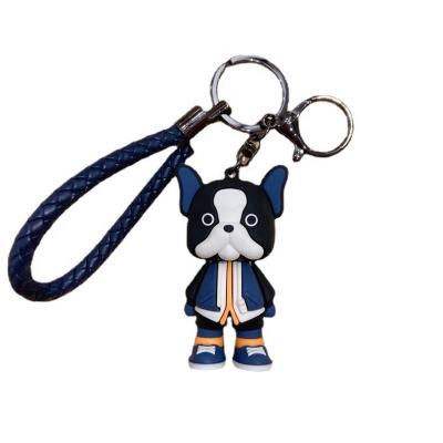 China Cartoon Plastic Dog Key Chain For Couple Boston Terrier Gift Key Ring Pendant With Leather Strap for sale