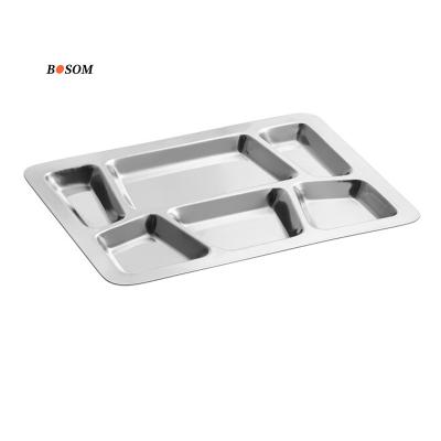 China Modern Kitchen Ware Stainless Steel Trays School Canteen Rectangle Serving Buffet Pans 6 Compartment Food Dish for sale