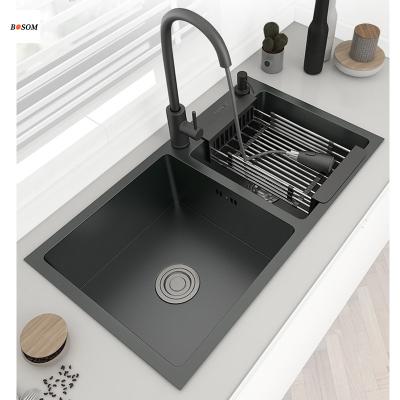 China Without Faucet Best Selling Double Bowl Quartz Kitchen Undermount Kitchen Granite Bathroom Deep Black Granite Compound Vanity Sink for sale