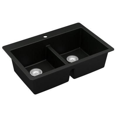 China Without Faucet Black Kitchen Sink Granite Quartz Double Bowl Undermount Kitchen Sink Classic Black Deep Sink for sale