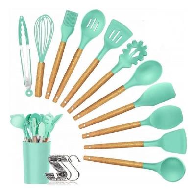 China Modern High Temperature Resistance Silicon Kitchen Accessories 11pcs Set With Wood Handles Nonstick Kitchen Utensil Cook Tools for sale