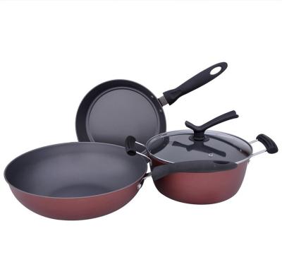 China Kitchenware 3 Pcs Wholesale Modern Non Stick Iron Cookware Set Pot/Pan/Wok for sale