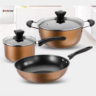 China Modern Wholesale Kitchenware 3 Pcs Stainless Steel Non Stick Pot Sets Induction Bottom Cookware With Glass Lid for sale