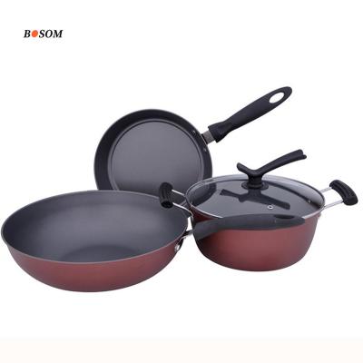 China Wholesale Modern Kitchen Accessories Non Stick Pan 3 PCS Set Wok Milk Pot Frying Pan With Cover for sale