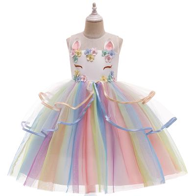 China Colorful Christmas Unicorn Girls Rainbow Embroidery Washable Formal Party Princess Dress Elegant Birthday Girl Clothes for sale