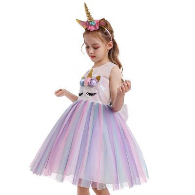 China wholesaleD0728 Unicorn Rainbow Mesh Dress Washable Dress Tutu Dress With Big Bow Princess Girls for sale