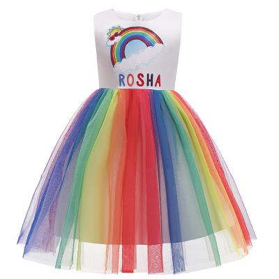 China Washable Rainbow Embroidery Unicorn Girls Princess Dress Elegant Birthday Formal Dress for sale