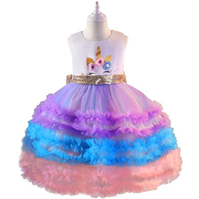 China D0706 Children's Unicorn Lace Dress Wholesale Washable Ins Girls Dress Princess Lace Sequined Skirt for sale