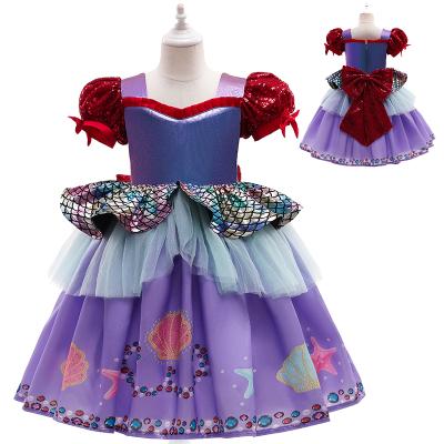 China 2021 New Washable Popular Children's Halloween Costume Purple Mermaid Bubble Sleeve Princess Dress for sale