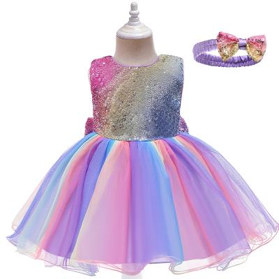 China Best-selling D0715 Mesh Waistband Flower Children's Wear Christmas Holiday Rainbow Fluffy Dress Washable for sale