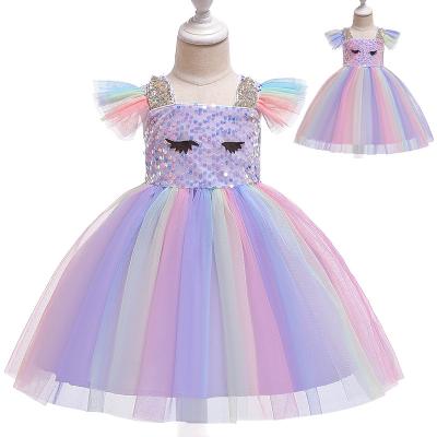 China Washable Newborn Girl's Dresses with Ears Eyes Sequin Upper Body Lotus Sleeve Rainbow Skirt for sale