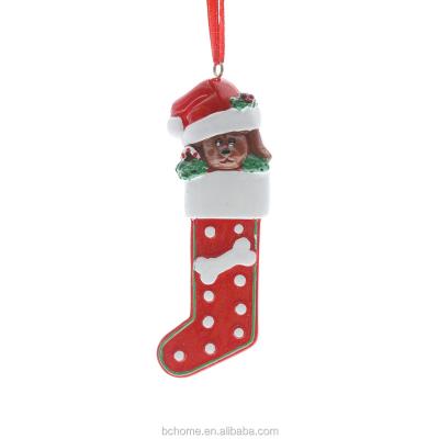 China Personalized Christmas Tree Ornament by Christamas Tree Decoration, Resin Stocking Shape Ornament with Dog and Bone for sale