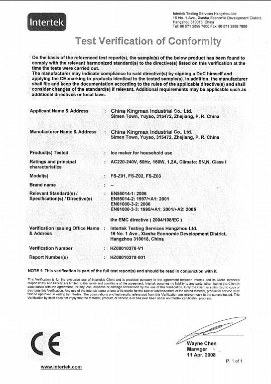 Test Verification of conformity - China Kingmax Industrial Co.,ltd.