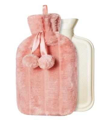 China Durable 2L BS RUBBER Hot Water Bottle with Fur Cover and Pom Poms, Large (Pink) for sale