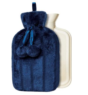 China Durable 2L BS RUBBER Hot Water Bottle with Fur Cover and Pom Poms, Large (Dark Blue) for sale