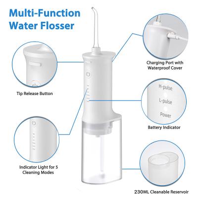 China Outdoor Professional Dental Oral Irrigator with 230ML 5 Mode and 4 Jet Tips Cordless Portable and Refillable Waterproof Water Flossers for sale