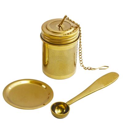 China High Quality Viable Gold Stainless Steel Basket Shape Tea Infuser Tea Strainer With Chain Doser Set for sale