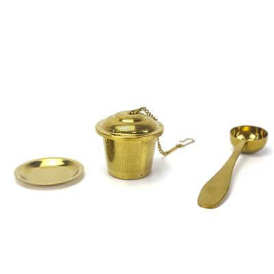 China High Quality Viable Gold Stainless Steel Basket Shape Tea Infuser Tea Strainer With Chain Doser Set for sale