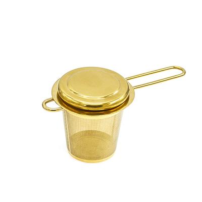 China Gold Stainless Steel Basket Shape Tea Infuser Stocked Fine Mesh Tea Strainer With Double Handle For Teapot for sale