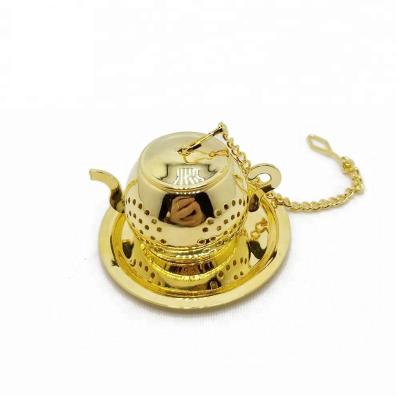 China Cute High Quality Viable Stainless Steel Gold Plating Teapot Tea Infuser Tea Ball With Chain for sale