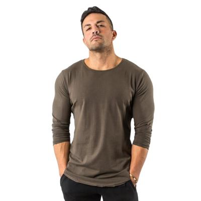 China 94% Cotton 6% Spandex Dark Olive Neck Anti-Shrink Scoop T-shirt Mens Long Sleeve Aplet T-Shirt for sale