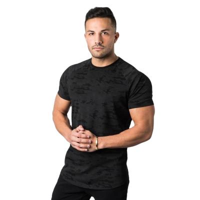 China Anti Shrink Black Camouflage Printed Raglan Short Sleeve Curved Edge Aplet T-shirt Fitness Men for sale