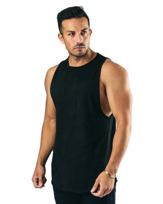 China Breathable 95% Cotton 5% Spandex Black Men Tank Top Gym Cutout Shirts Workout Fitness Beach Suite Top Aplet Shirts With Scoop Bottom for sale