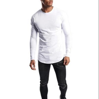 China Anti-Shrink White Simple Men's Long Sleeve Cotton Lycra T-shirts Streetwear Aplet T-Shirt With Big Curved Edge Extrended Tee for sale