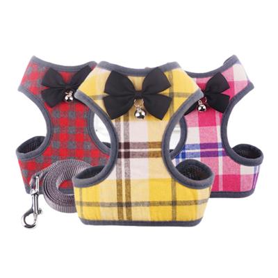 China 2022 Manufacturers New Viable Adjustable Pet Harness Set Reversible Plaid Bow With Bell Custom Design Dog Harness for sale