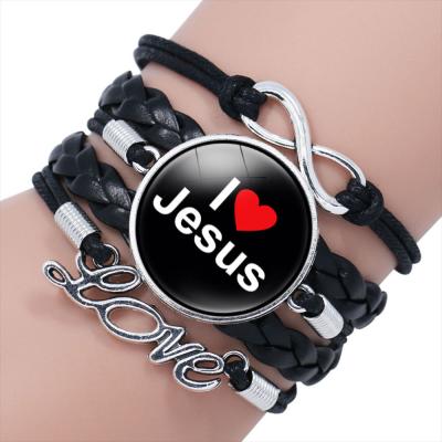 China TRENDY Multi-Layer Woven Custom Jesus Christian Leather Bracelet Photo Bracelet for sale