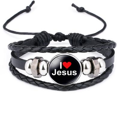 China TRENDY Christian Religion I Love Jesus Woven Bracelet Custom Style Braided Leather Bracelet for sale