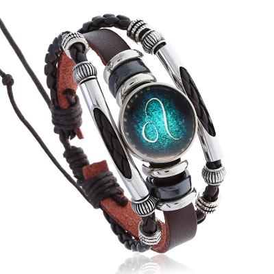 China 2021 NEW FASHIONABLE Luminous Braided Bracelet 12 Constellation Leather Bracelet Birthday Gift Zodiac Signs for sale