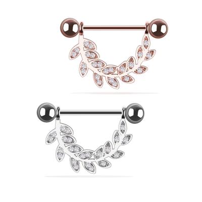 China Wholesale Nickel Free Titanium Piercing Jewelry Rose Gold Foil Shape Crystal Nipple Ring For Woman for sale