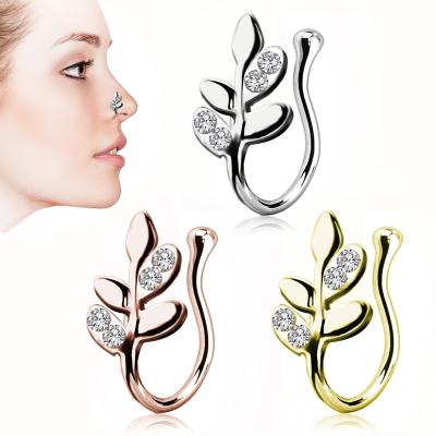 China 2021 Nickel Free New Design No Piercing Leaf Shape Crystal Nose Ring Anti Allergy Jewelry Stainless Steel Nose Ring 18k Gold for sale